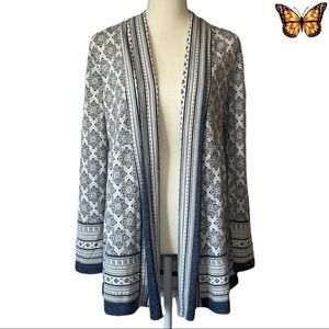 DALIA Blue & White Pattern Open-Front Cardigan, Size Small